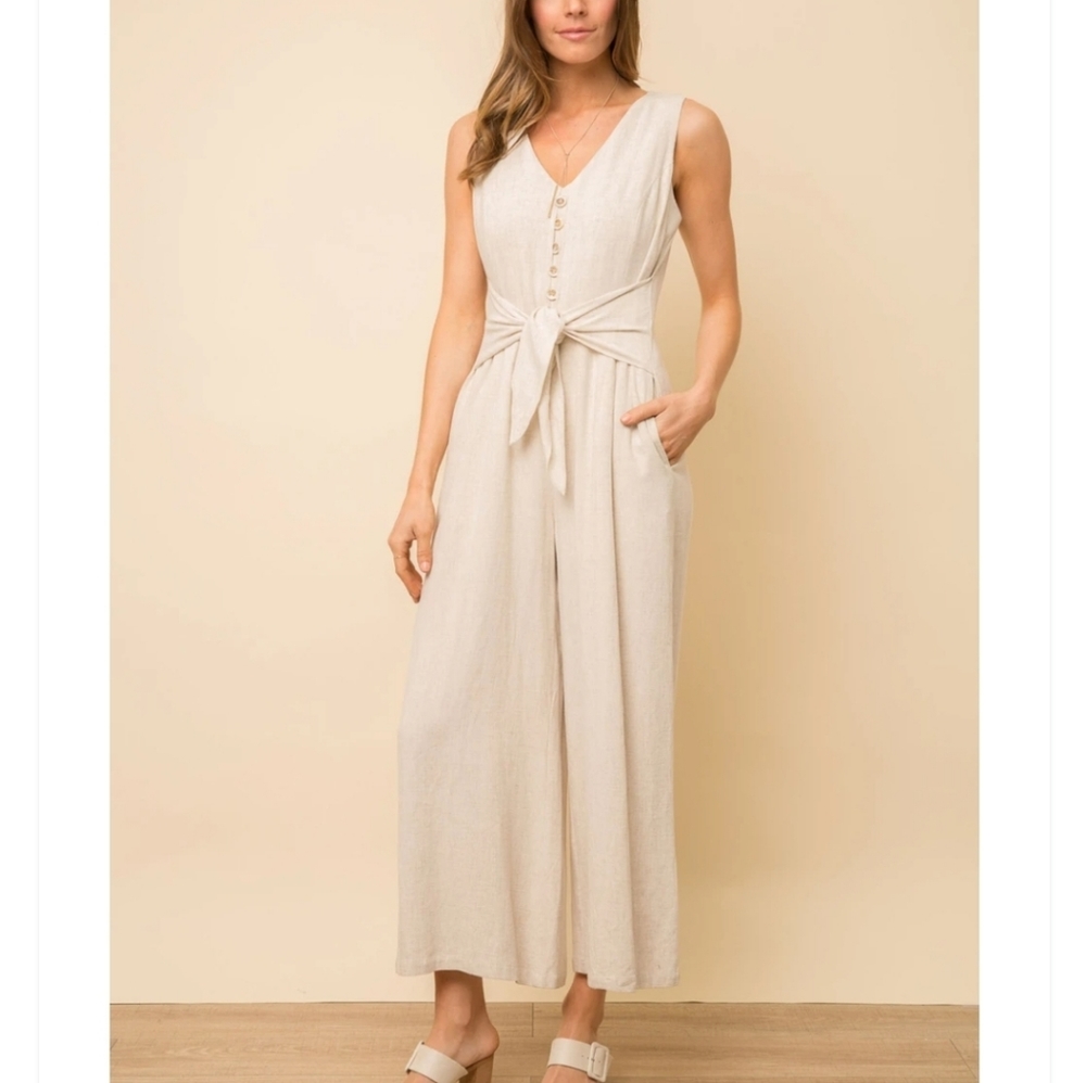 Wide Leg Linen Cotton Blend Jumpsuit